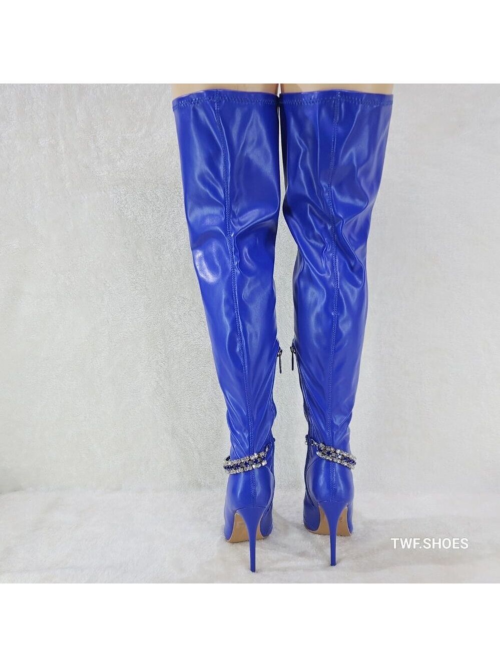 Lawless Bold Blue Stretch Leatherette Rhinestone Ankle Bracelet Thigh High Boots - Picture 15 of 17